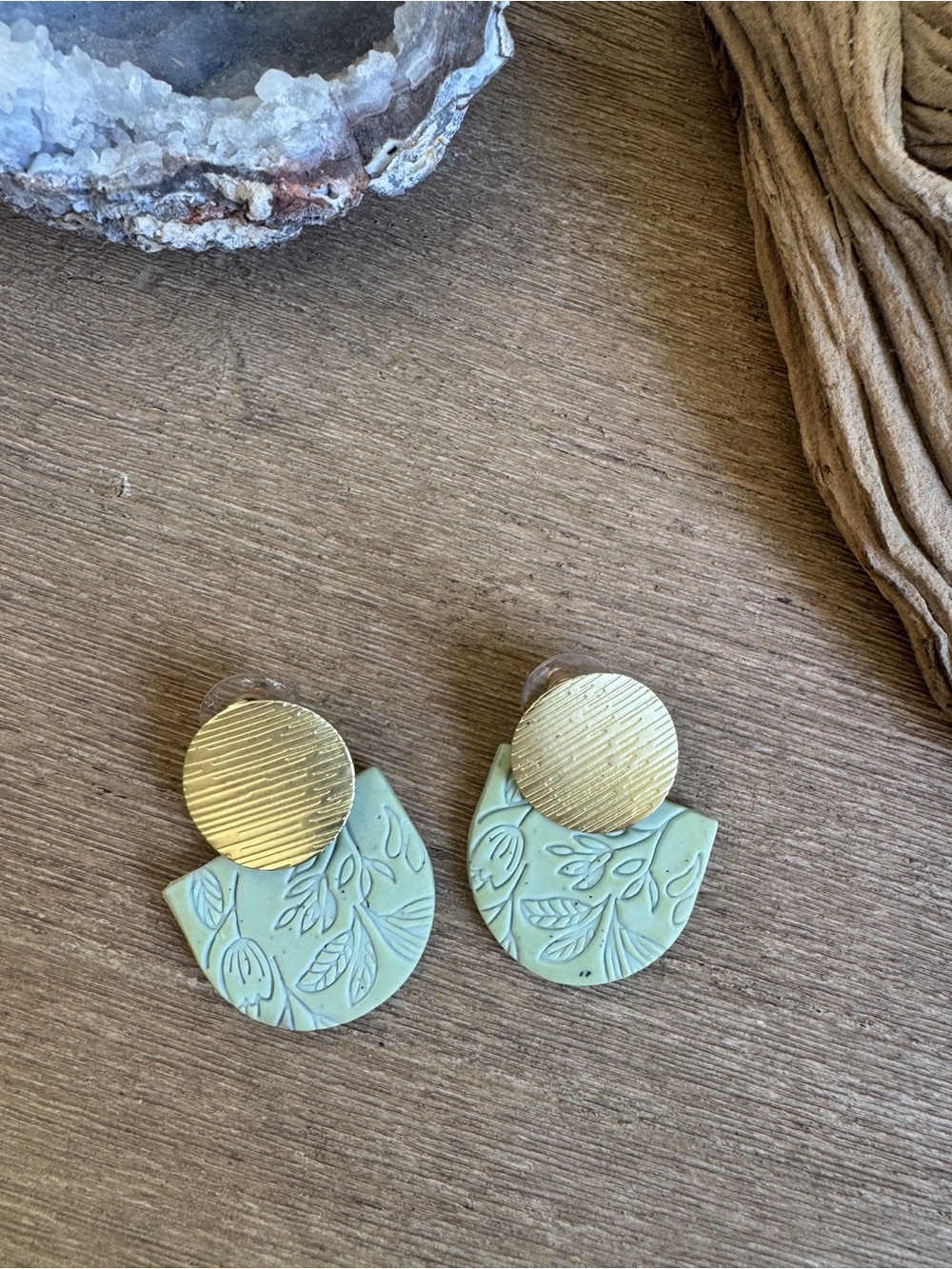Mint Green Floral Embossed Polymer Clay Statement Stud Earrings